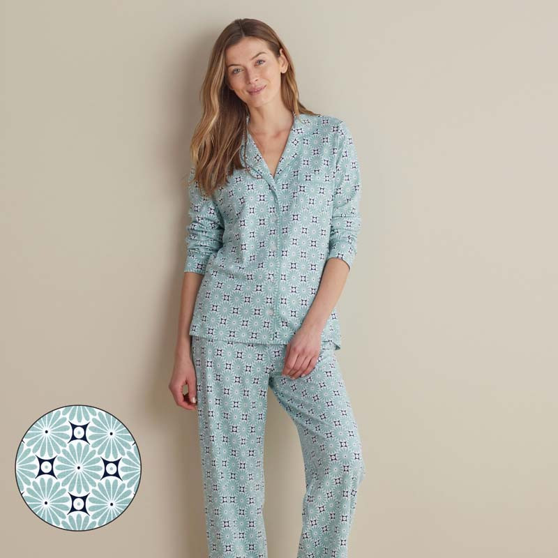 Printed Peruvian Cotton Women's Button-Down Pajama Set - Blue/Teal/Turquoise, Size Small | The Company Store | The Company Store