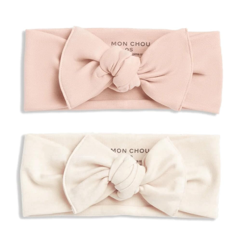 MON CHOU Baby Headbands - Set of 2 Organic Cotton Headbands for Baby Girls - Ultra Soft, 100% Pima Cotton Infant Hair Bows (Ivory & Bloom) | Amazon (US)
