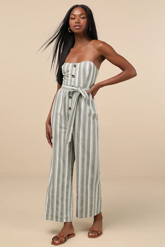 Sunny Day Classic Sage and White Striped Strapless Jumpsuit | Lulus