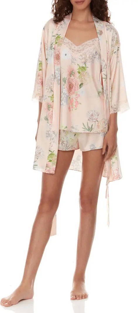 Sabrina Floral Print Satin Short Pajamas & Robe Set | Nordstrom