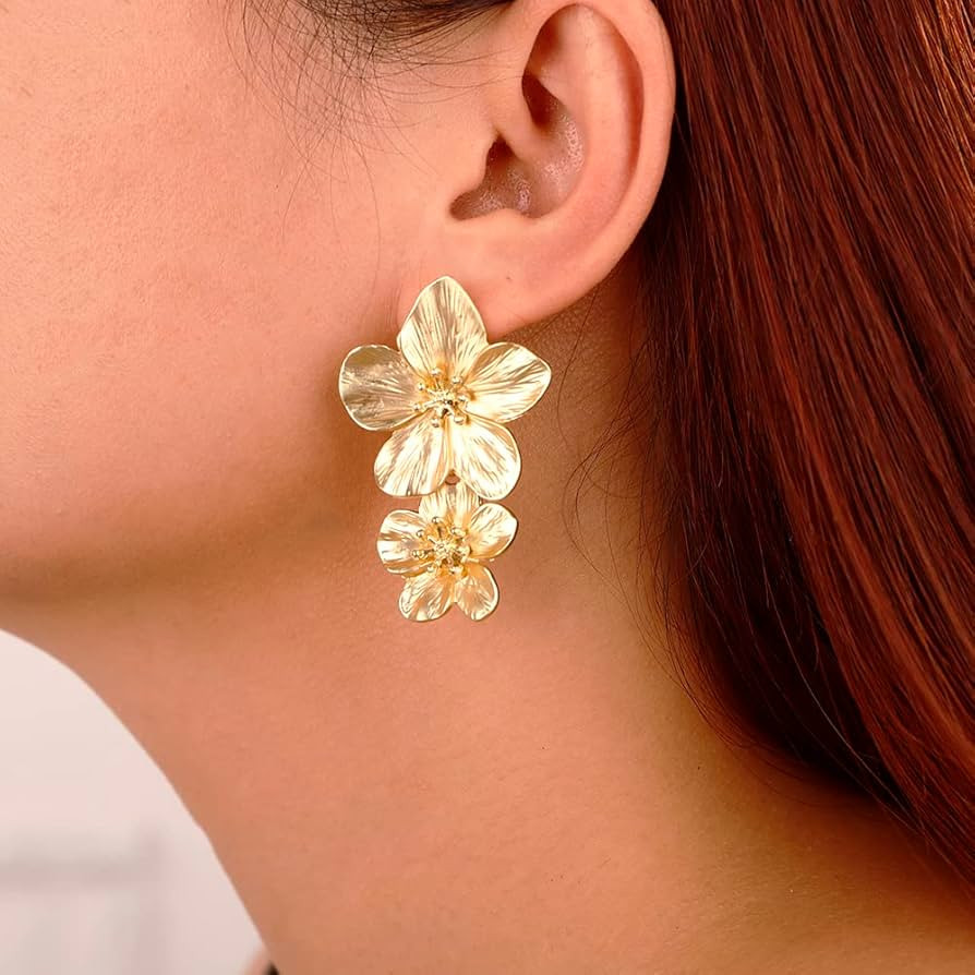 Gold Large Double Flower Earrings for Women Boho Statement Flower Earrings Bohemian Gold Elegant ... | Amazon (US)