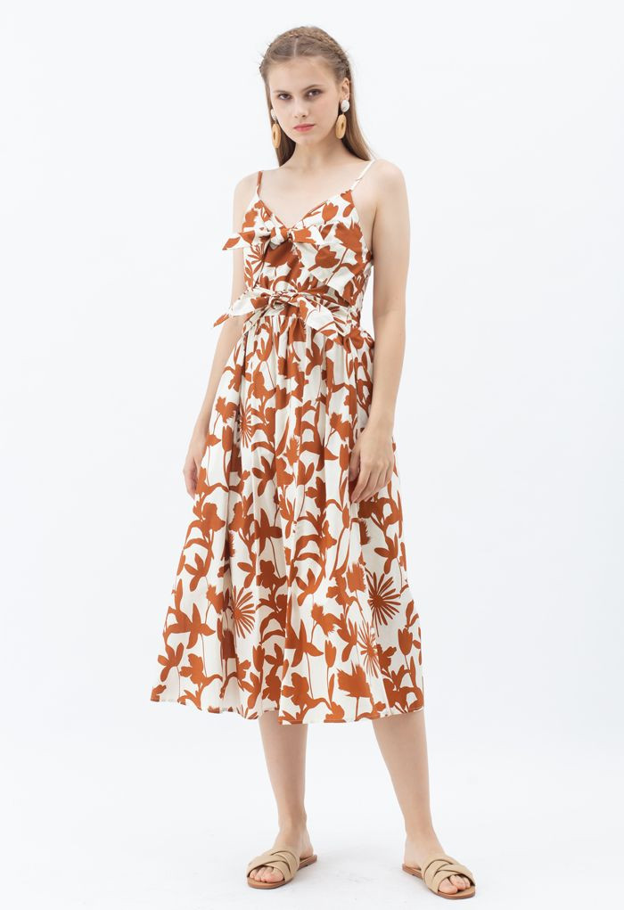 Tropical Print Knot Shirred Cami Dress in Caramel | Chicwish