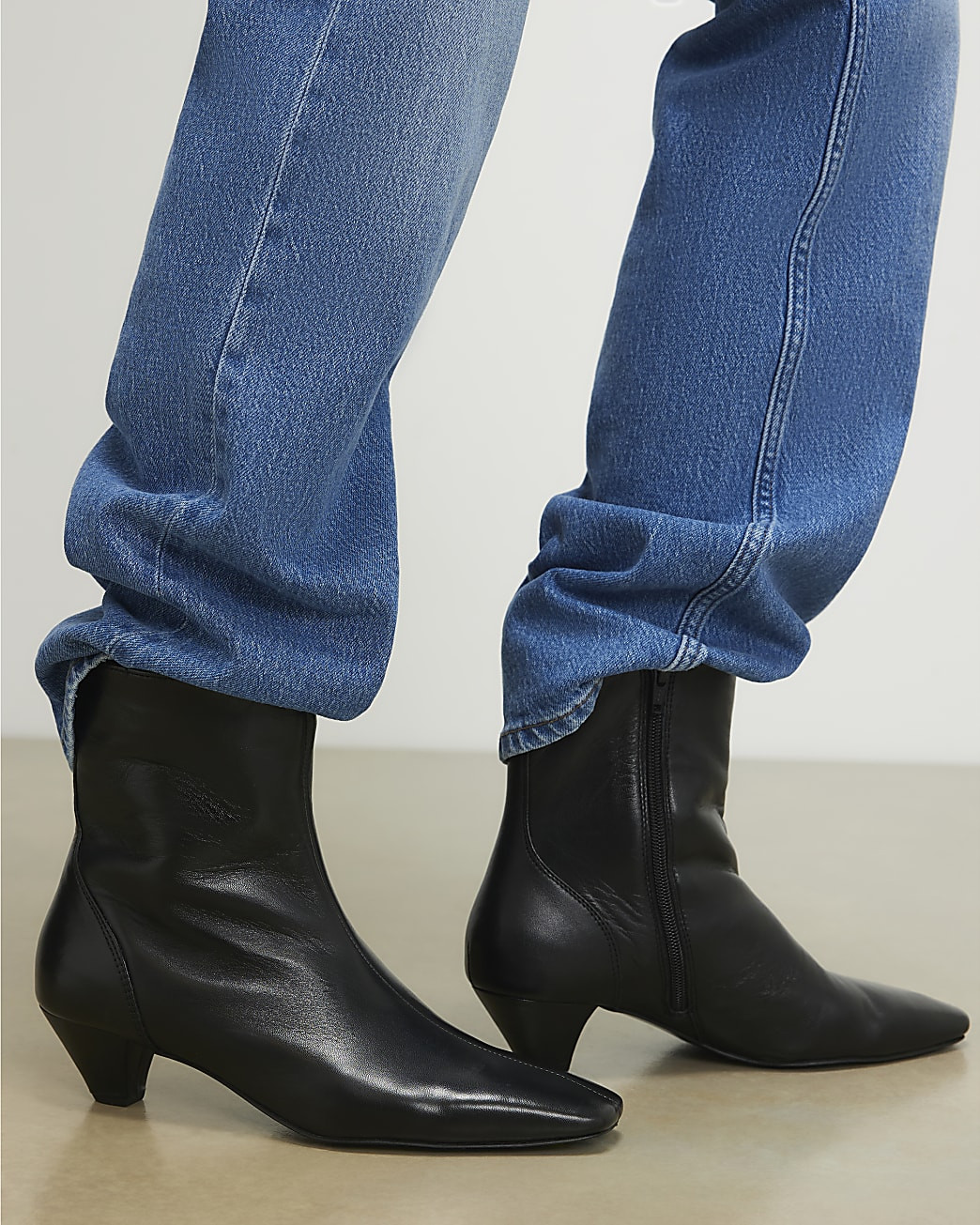 Black Leather Cone Kitten Heel Boots | River Island UK & IE