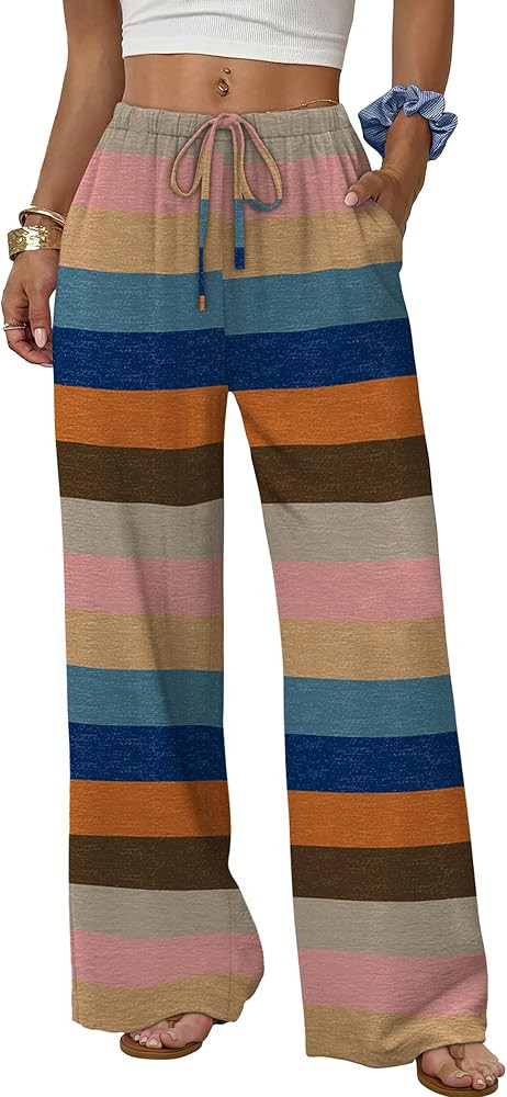 Sampeel Wide Leg Pants for Women Flowy Palazzo Drawstring Elastic Waist Trousers with Pockets Sum... | Amazon (US)