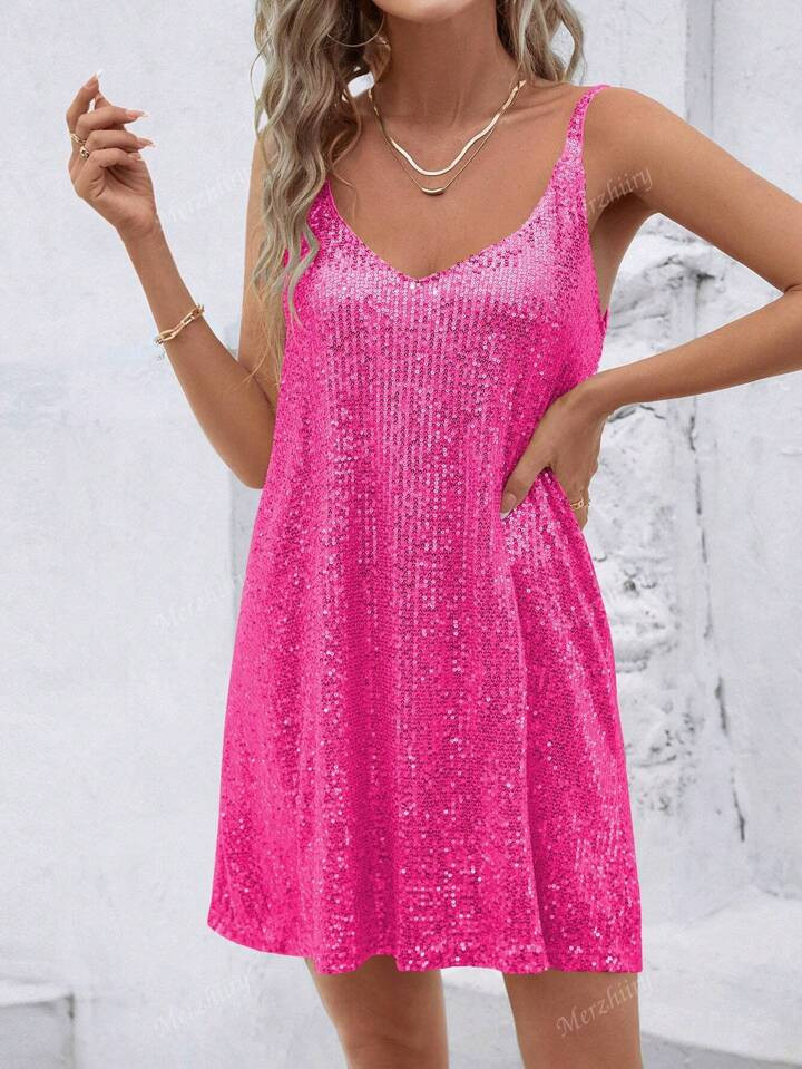 New Sleeveless Sequin V-Neck Mini Dress, Sexy Summer Dress, European And American Style | SHEIN