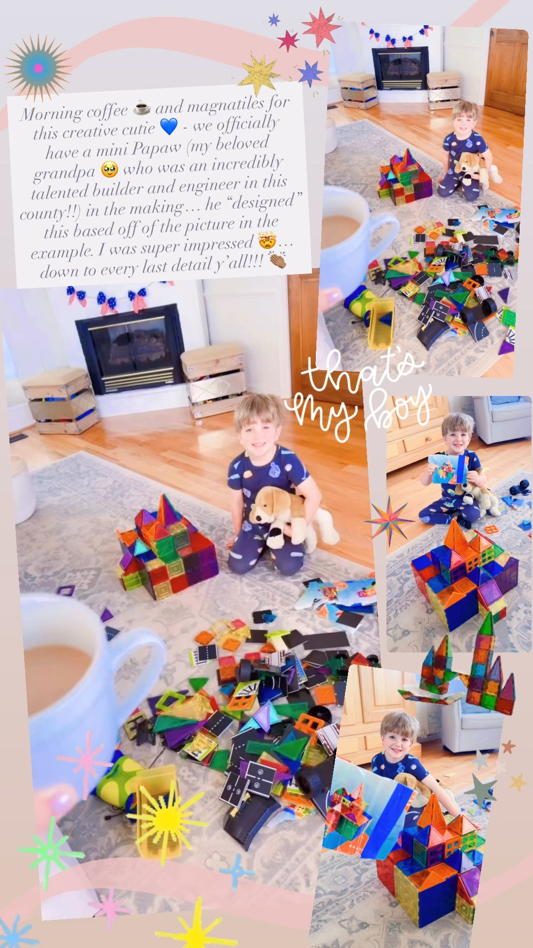 Morning coffee ☕️ and magnatiles for this creative cutie 💙 - we officially have a mini Papaw (my beloved grandpa 🥹 who was an incredibly talented builder and engineer in this county!!) in the making… he “designed” this based off of the picture in the example. I was super impressed 🤯… down to every last detail y’all!!! 👏🏽