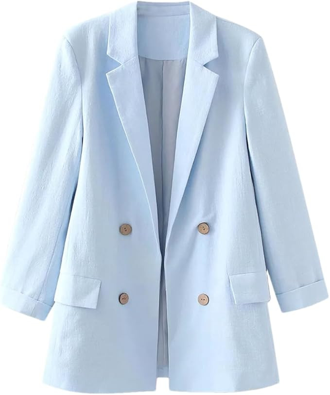 Women Linen Blue Double Breasted Suit Vintage Loose Office Lady No Buttonhole Blazer Casual Tops | Amazon (US)