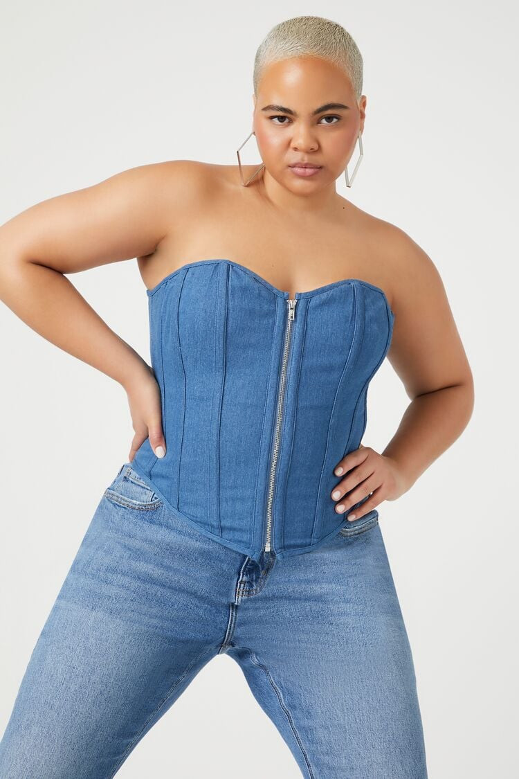Plus Size Denim Lace-Up Corset Top | Forever 21 (US)