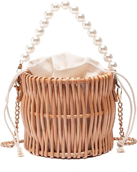 Straw Purse Beach Purse Wicker Bag for Women Beach Straw Bag Rattan Bag Basket Purse Pearl Straw Bag | Amazon (US)