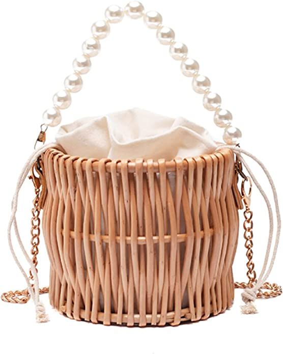 Straw Purse Beach Purse Wicker Bag for Women Beach Straw Bag Rattan Bag Basket Purse Pearl Straw Bag | Amazon (US)