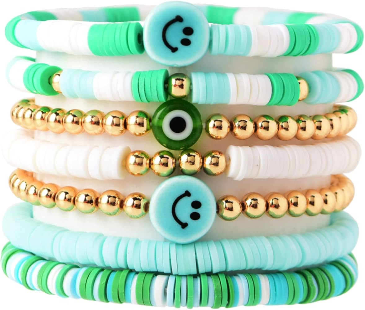 LALAPPLE Surfer Heishi Smiley Face Bracelets for Women, Preppy Smile Evil Eye Beaded Stretch Bracele | Amazon (US)