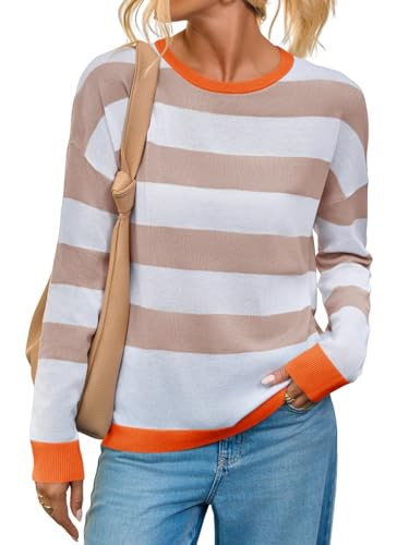 Yousify Womens Striped Sweater Tops Color Block Casual Loose Fit Shirts Long Sleeve Knit Lightweight Pullovers | Amazon (US)