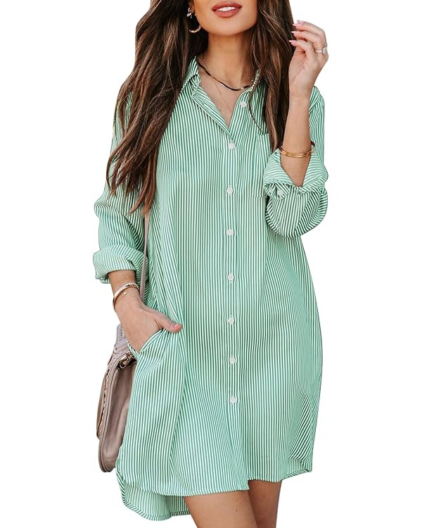 Womens Button Down Shirt Dresses with Pockets Cotton Striped Shirts Collared Tunics Long Sleeve H... | Amazon (US)