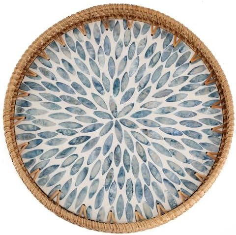Round Rattan Tray with Mother of Pearl Inlay, Rattan Serving Tray for Coffee, Bread, Fruits, Deco... | Amazon (US)