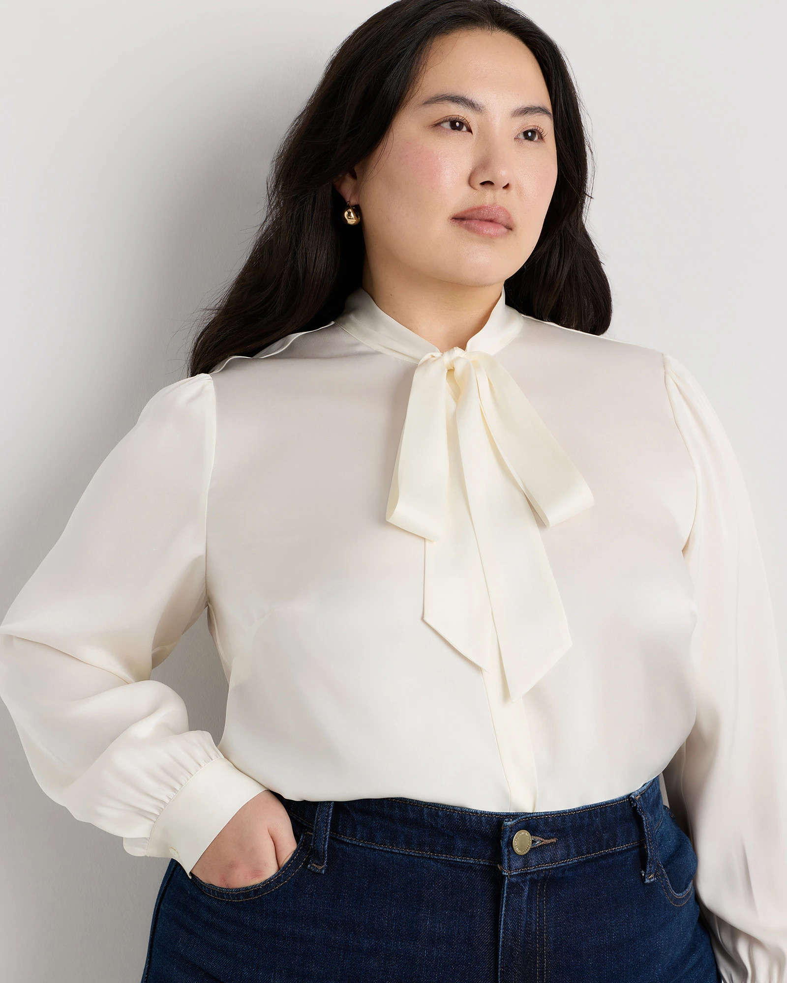 Washable Stretch Silk Tie Neck Blouse | Quince