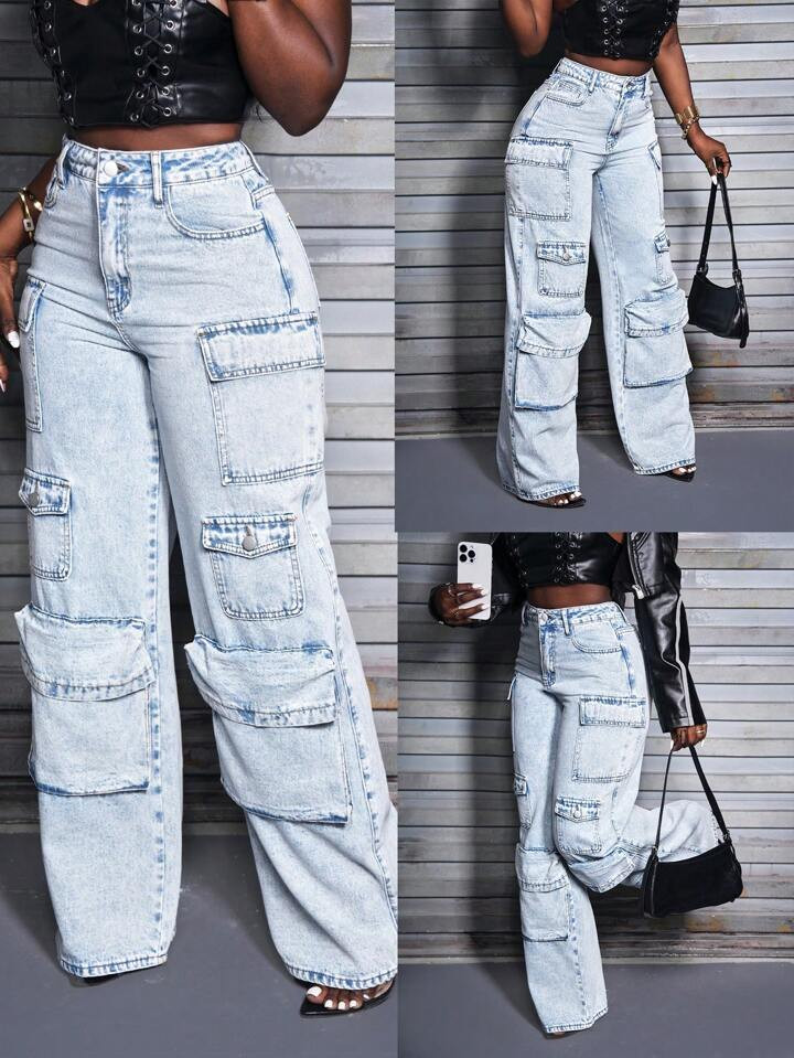 SHEIN Slayr Women's Street-Style Loose Baggy Multiple Pockets Wide Leg Jeans | SHEIN