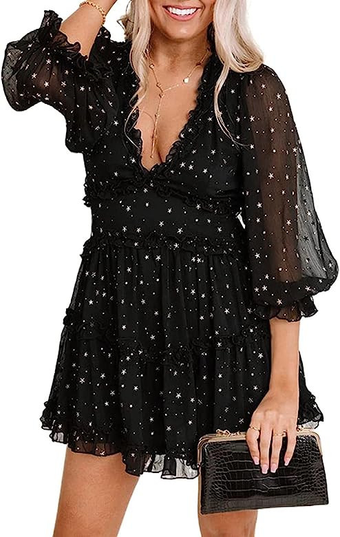 Happy Sailed Womens Spring Summer Long Sleeve Dress 2023 Deep V Neck Ruffle Layer Swing Mini Dres... | Amazon (US)