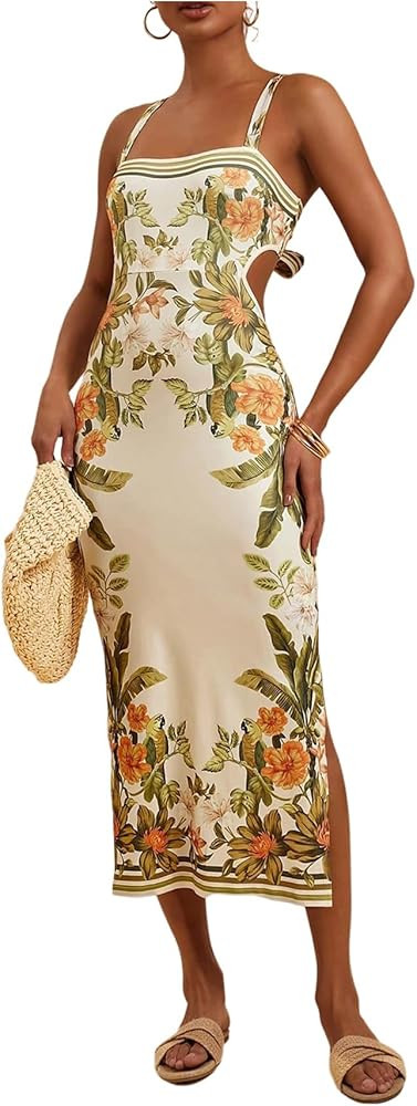Floerns Women's Tropical Bow Tie Back Long Dress Sleeveless Split Vacation Maxi Dress | Amazon (US)