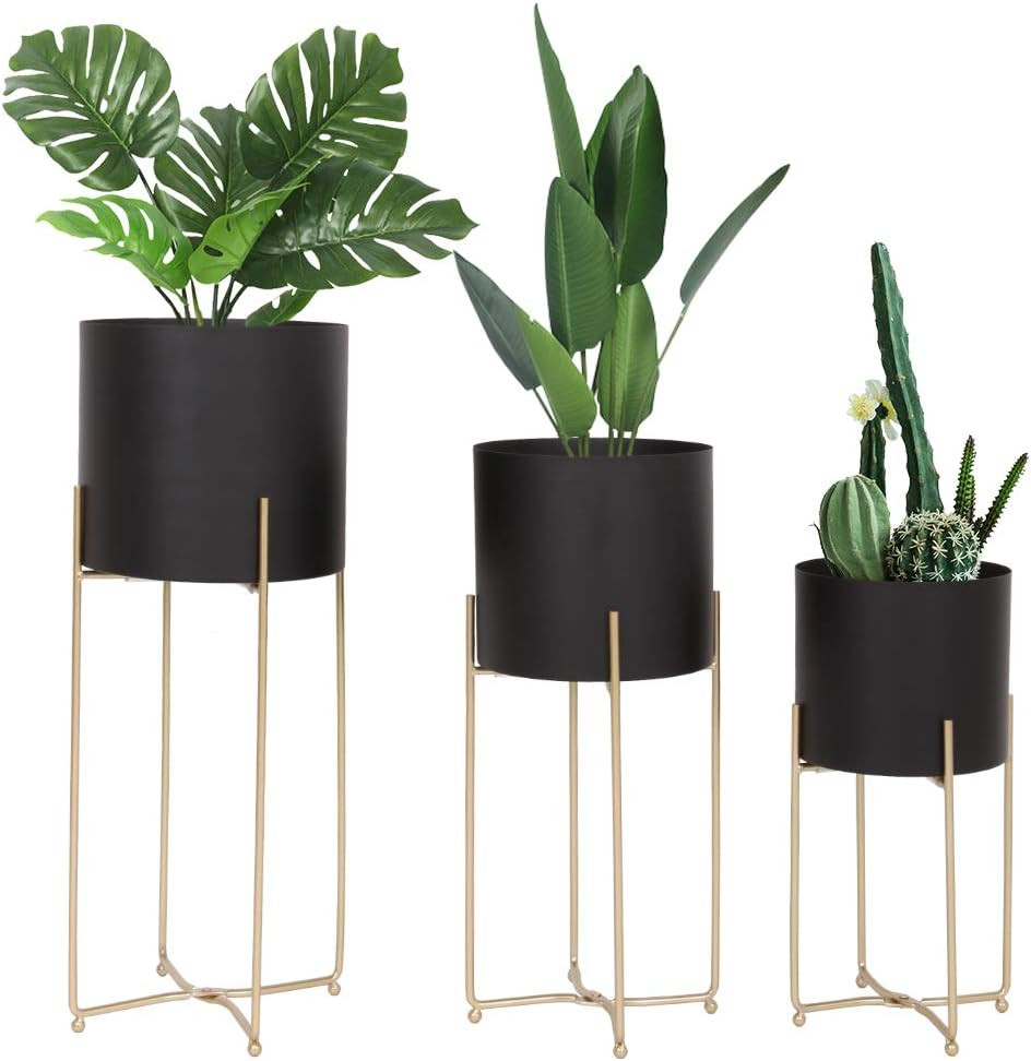 Mid Century Planter with Gold Plant Stand, 3 pcs Modern Planters for Indoor Plants, Metal Floor P... | Amazon (US)