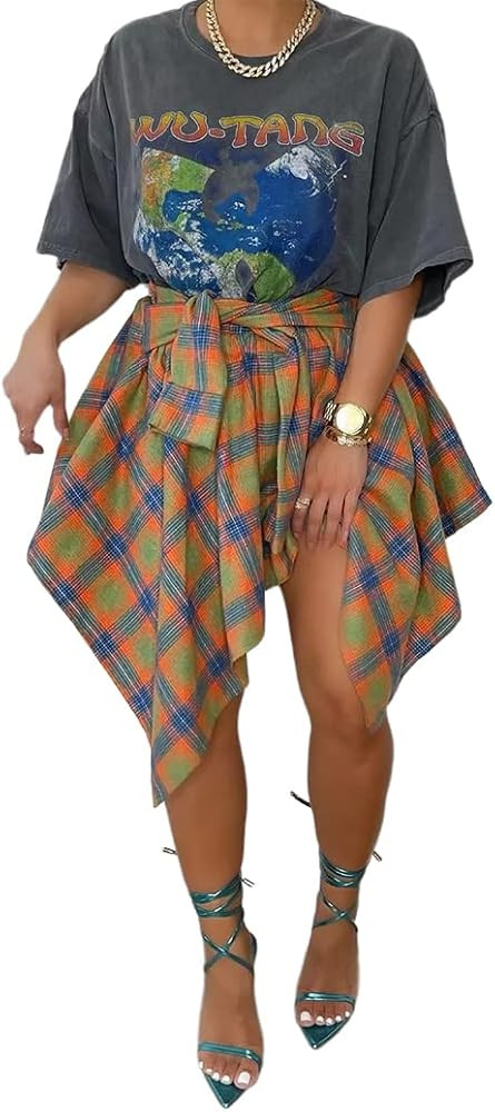 Women's Plaid Pleated Skirt High Waist Casual Skater Skirt Cute Mini A Line Skirt Hem Flowy Asymm... | Amazon (US)