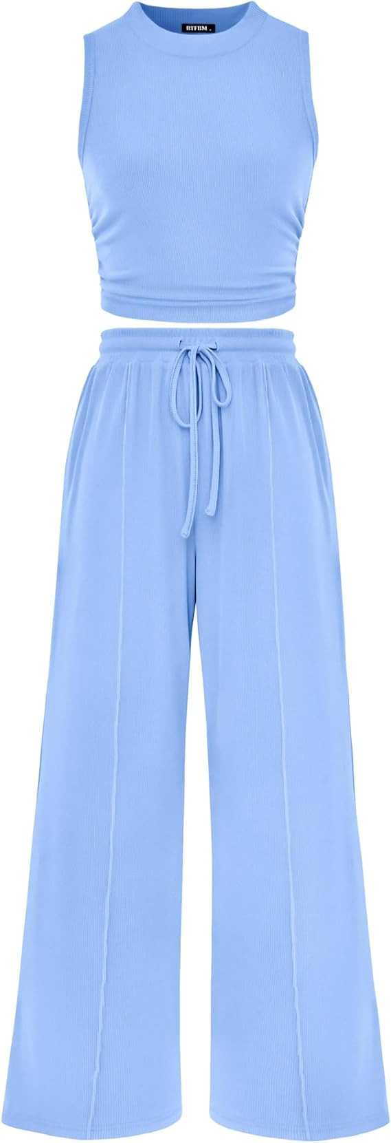 BTFBM Summer Outfits For Women 2026 Cropped Sleeveless Tank Tops Wide Leg Pants 2 Piece Sets Beac... | Amazon (US)