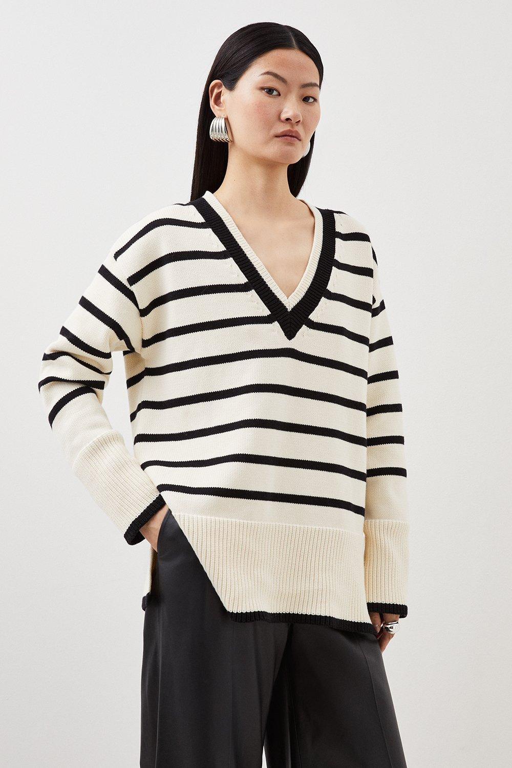 Cotton Knit Nautical V Neck Boxy Stripe Jumper | Karen Millen UK + IE + DE + NL