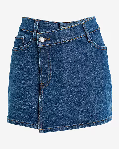 High Waisted Medium Wash Wrap Mini Denim Skort | Express