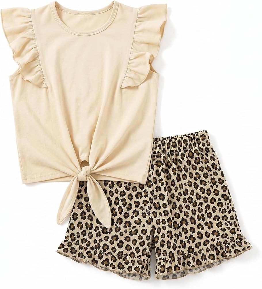 Girls Summer Outfits Flutter Sleeve Twist Front Tops and Cute Shorts 2 Piece Shorts Set | Amazon (US)