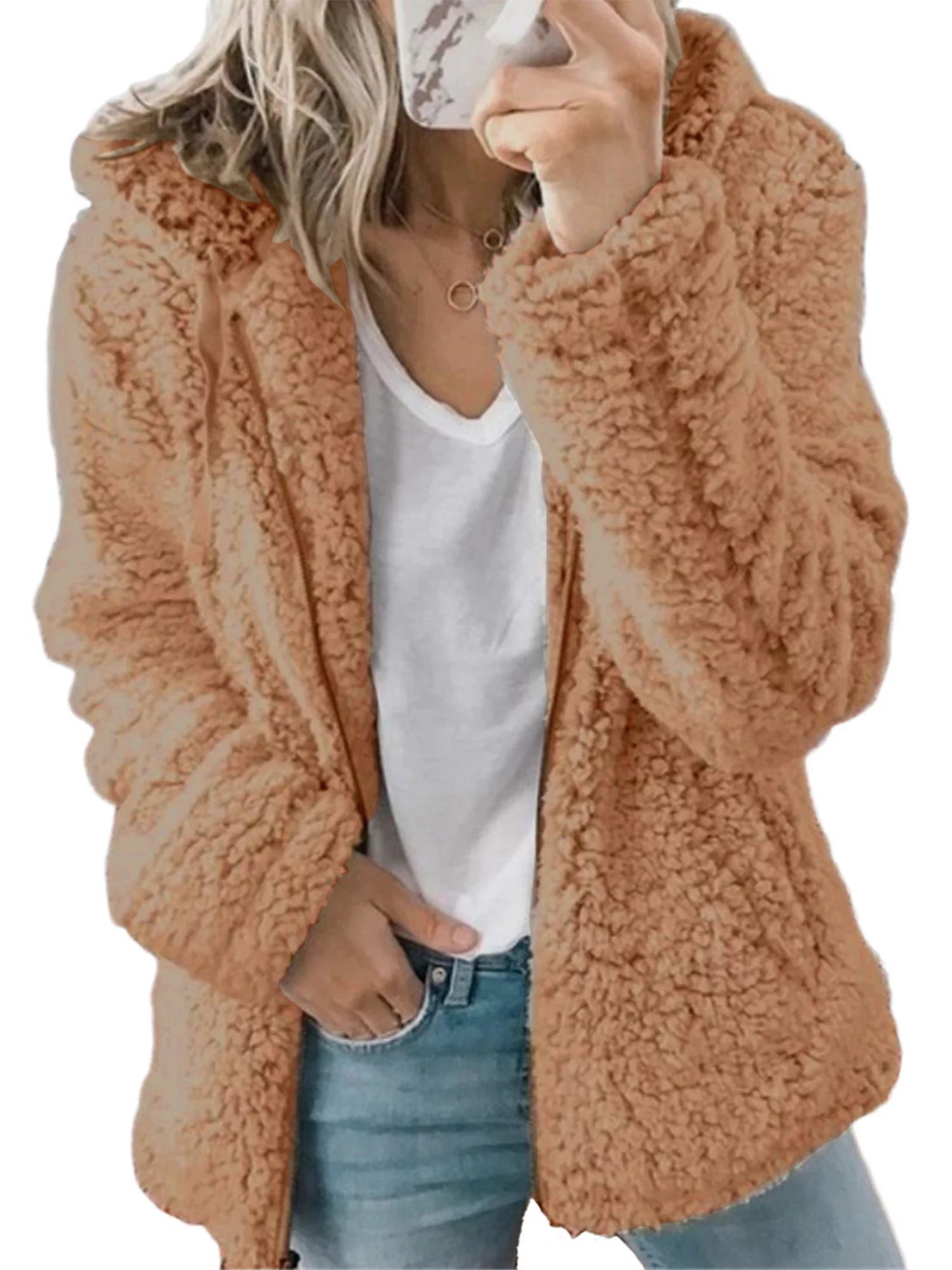 Women Casual Fluffy Fleece Jacket Long Sleeve Zip Up Hooded Sweatshirt Sherpa Coat Outerwear Pull... | Walmart (US)