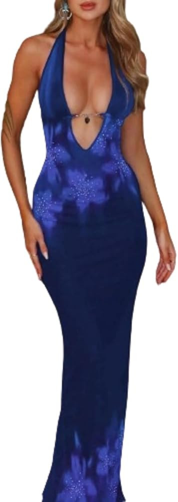Fishtail Dress Halter Neck Maxi Dress with Slit Deep V Neck Backless Floral Print Bodycon Dress C... | Amazon (US)