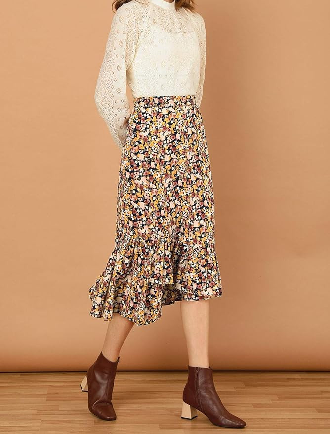 Allegra K Women's Summer Floral Skirt Elastic Waist High Low Ruffle Hem Midi Skirts | Amazon (US)