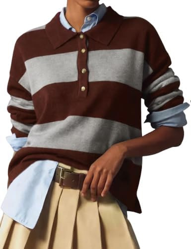 Wyeysyt Polo Sweater Women Rugby Shirt Striped Collared Sweaters | Amazon (US)