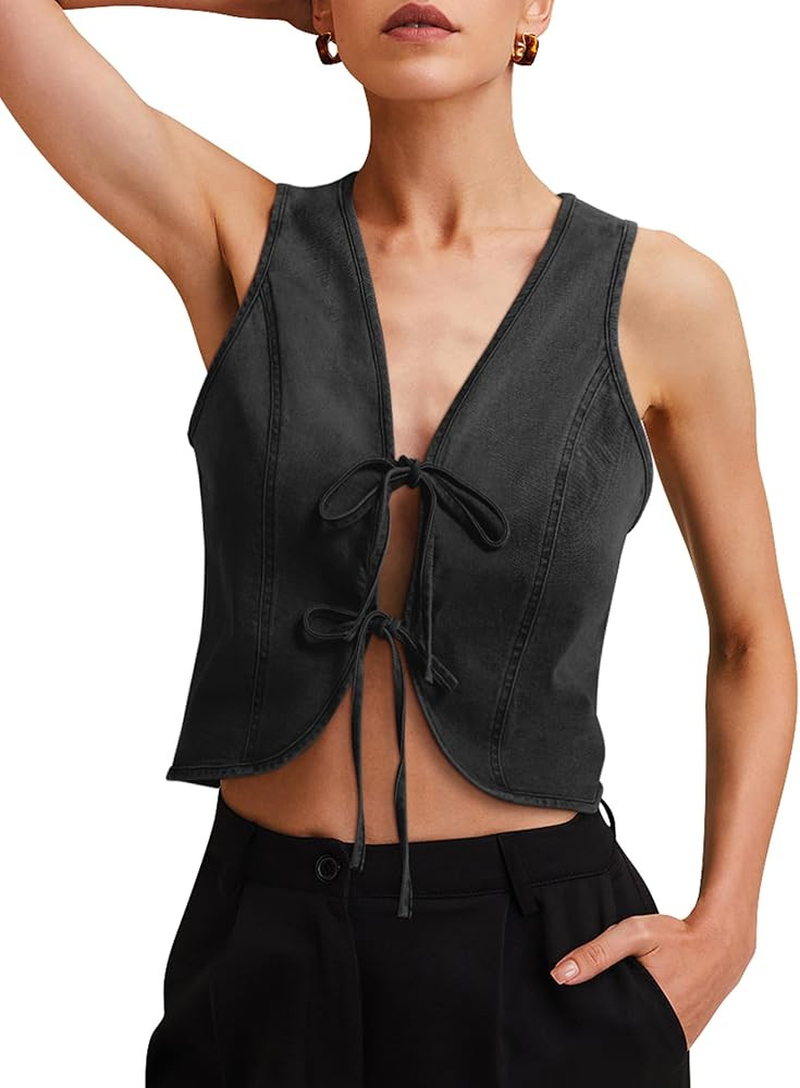 Womens Denim Vest Crop Sleeveless V Neck Denim Top Retro Tie Up Front Jean Vest | Amazon (US)