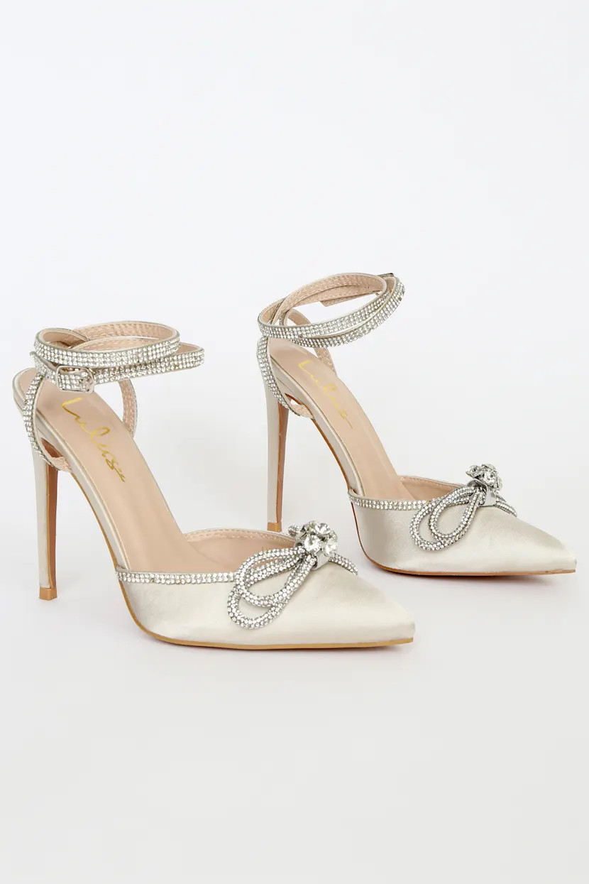 Lullie White Satin Rhinestone Ankle Strap Pointed-Toe Pumps | Lulus