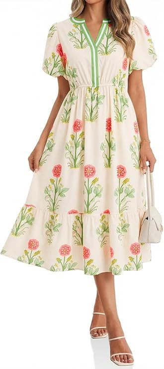 Cicy Bell Womens Summer Floral Print Maxi Dress A Line Puff Short Sleeve V Neck Boho Dresses Flow... | Amazon (US)