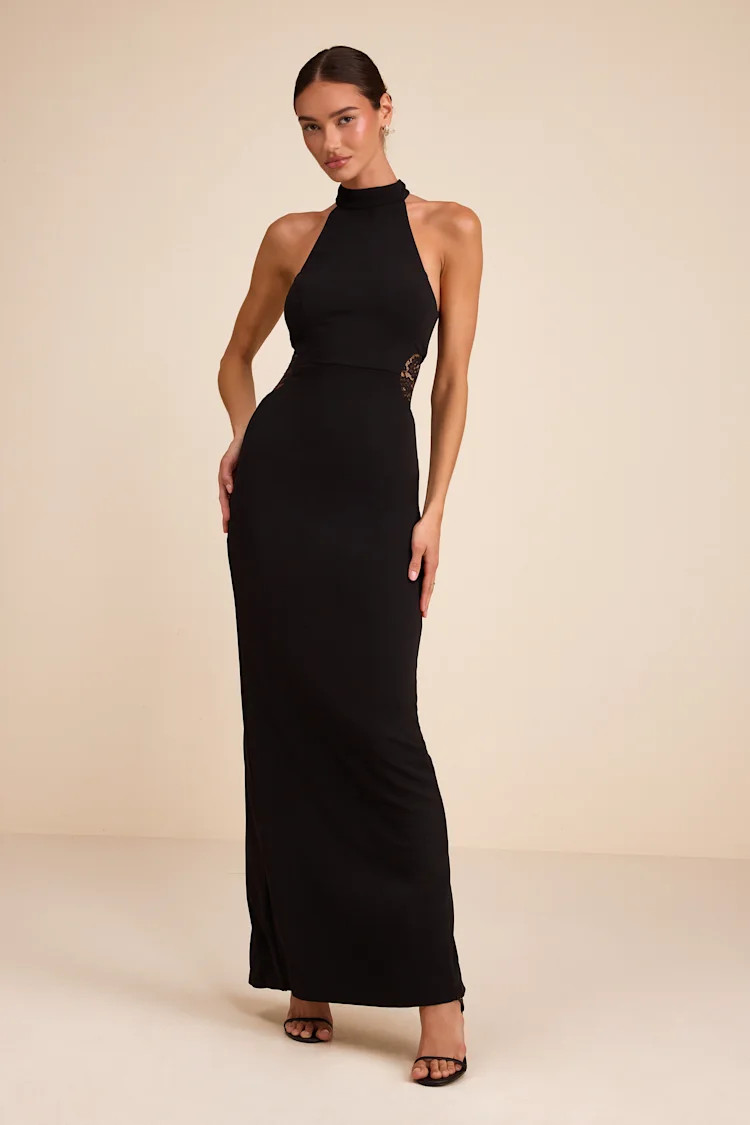 Vira Black Mock Neck Lace Cutout Maxi Dress | Lulus