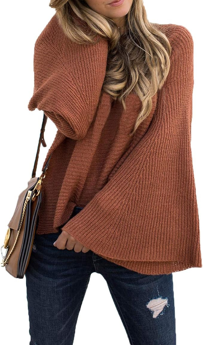 TOTREND Womens Kimono Bell Sleeve Pullover Sweater Oversized Lightweight Knitted Jumper Tops | Amazon (US)
