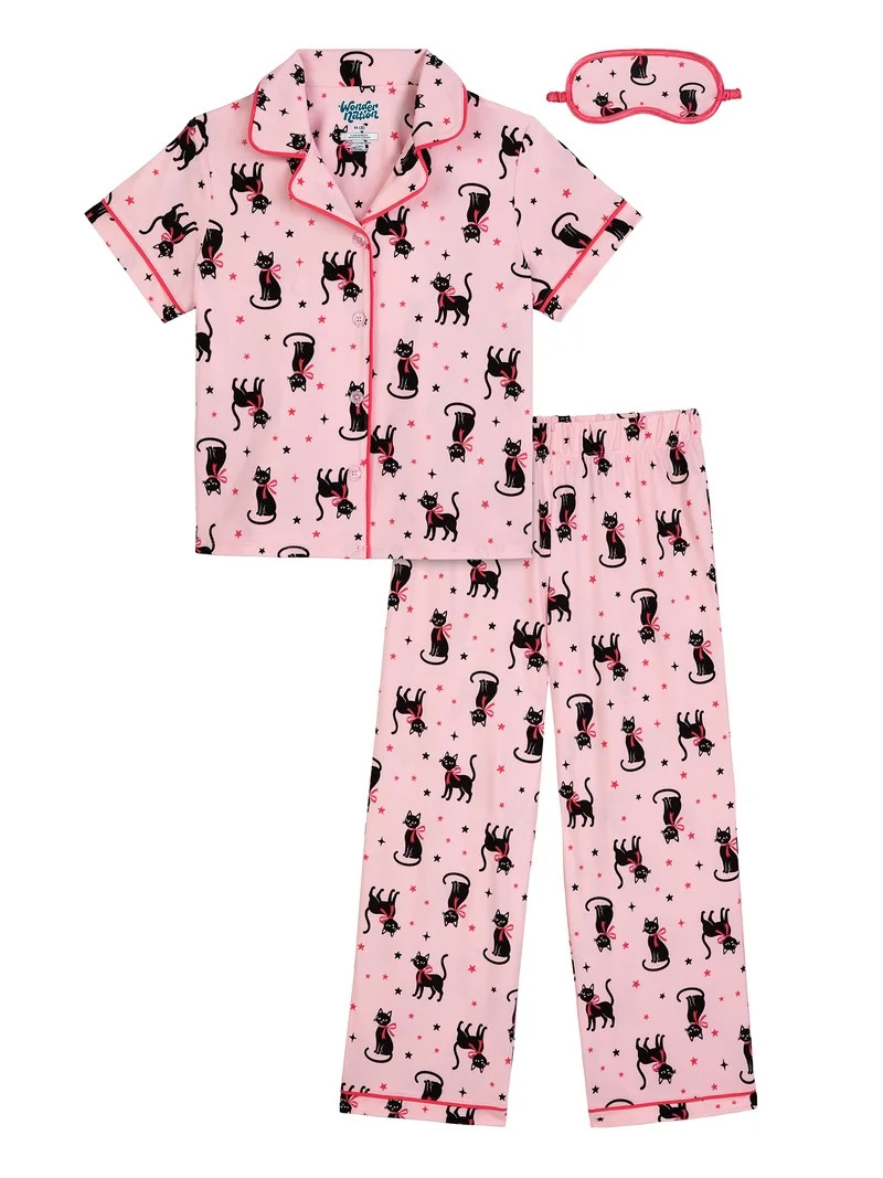 Wonder Nation Girls Short Sleeve Button Front Pajama Top and Pants Set with Eyemask, 3-Piece, Siz... | Walmart (US)