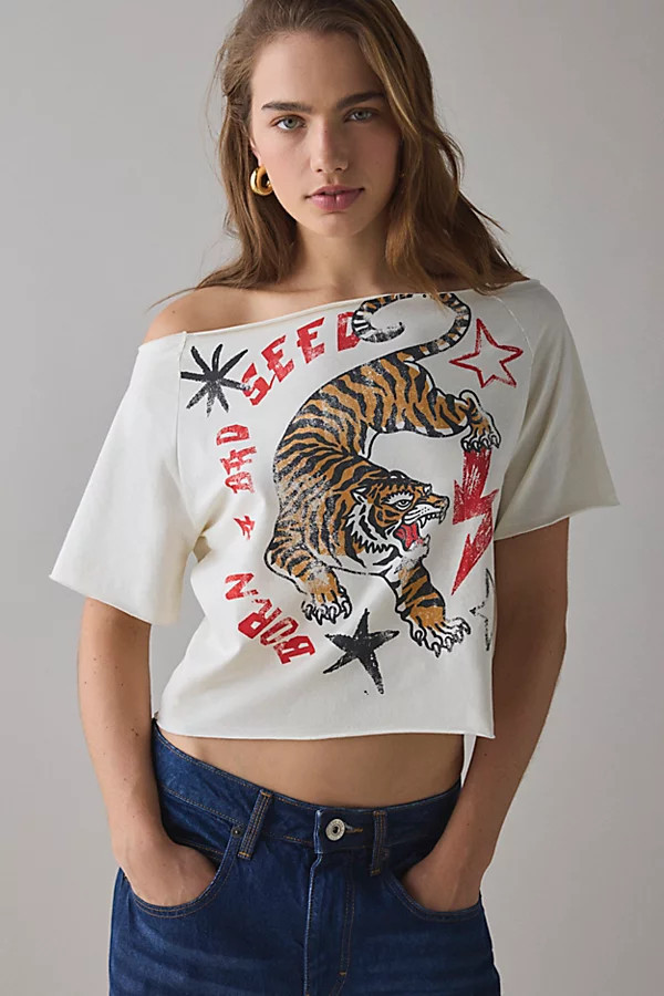 Y2K Graphic Off-The-Shoulder Cropped Tee in Neutral, Women's at Urban Outfitters | Urban Outfitters (US and RoW)