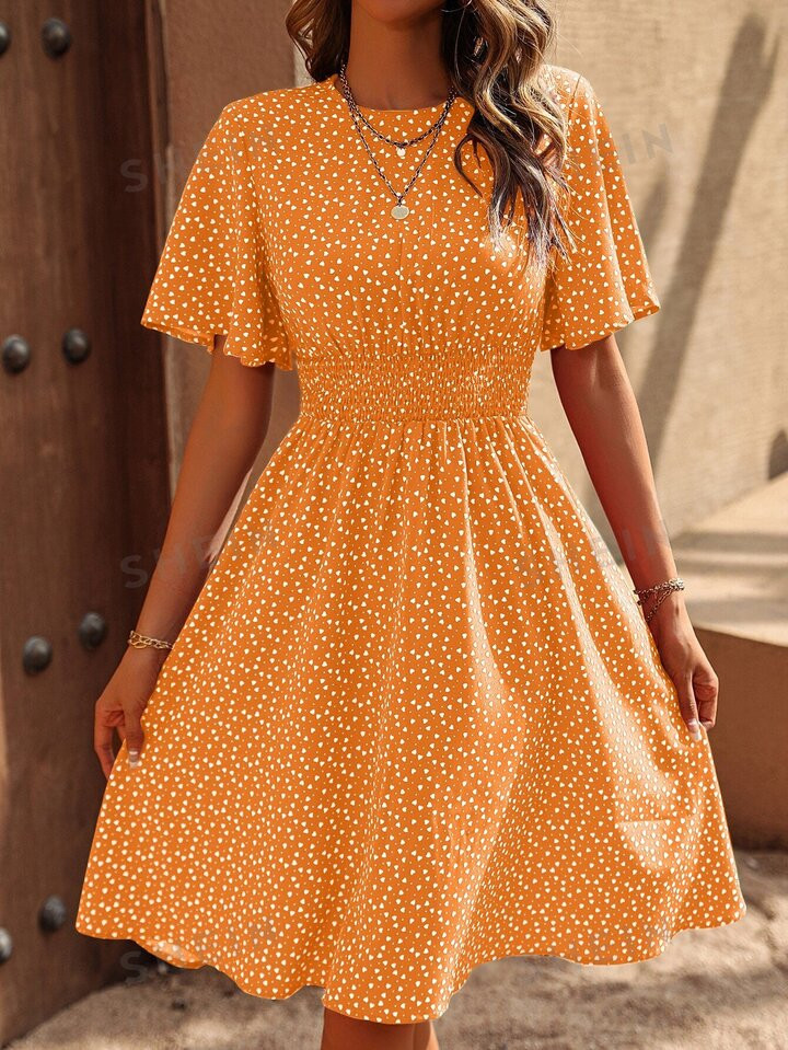SHEIN VCAY Allover Heart Print Butterfly Sleeve Dress | SHEIN
