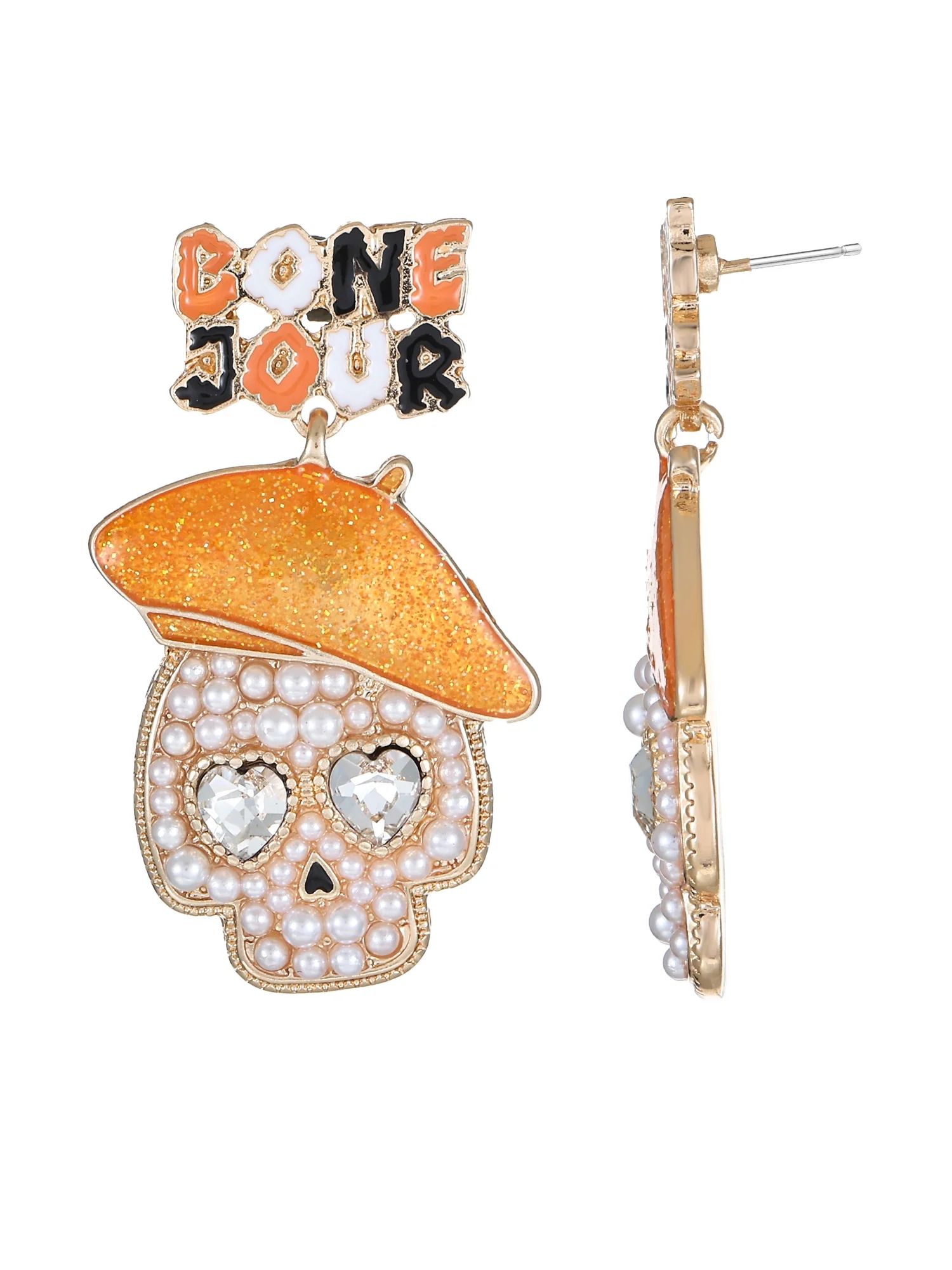 Way to Celebrate Halloween "Bone Jour" Skull Earrings, Orange, 1 Pair, Female | Walmart (US)