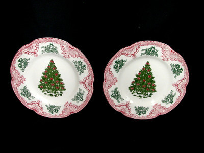 Johnson Brothers Pink Old Britain Castles Christmas 9" Salad Plate Green Tree | eBay US