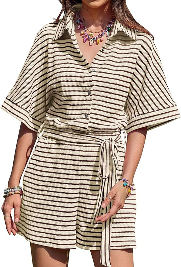 Yousify Womens Summer Rompers V Neck Waffle Short Sleeve Striped Button Down Jumpsuit with Pocket... | Amazon (US)