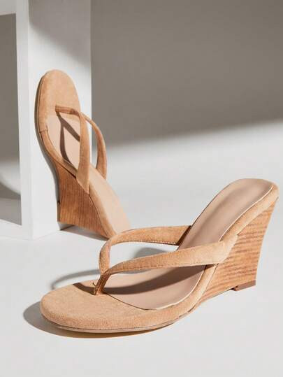 SHUZIA Women's Minimalist Faux Suede Thong Strap Wadge Sandals Valentine's Day Summer Shoes | SHEIN
