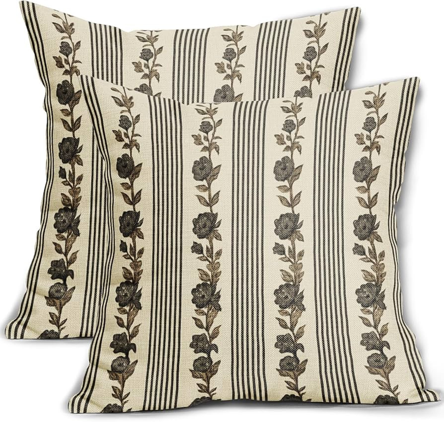 Black Brown Floral Pillow Covers 20x20 Set of 2 Vintage Neutral Antique Flower Striped Pattern Pr... | Amazon (US)