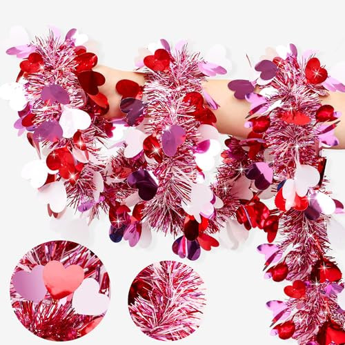 50FT Valentines Day Decor Red Pink White Heart Tinsel Garland Valentines Decorations Garland for Tree Party Classroom Fireplace Home, Galentines Day Decor Indoor Outdoor Romantic Party Decor | Amazon (US)