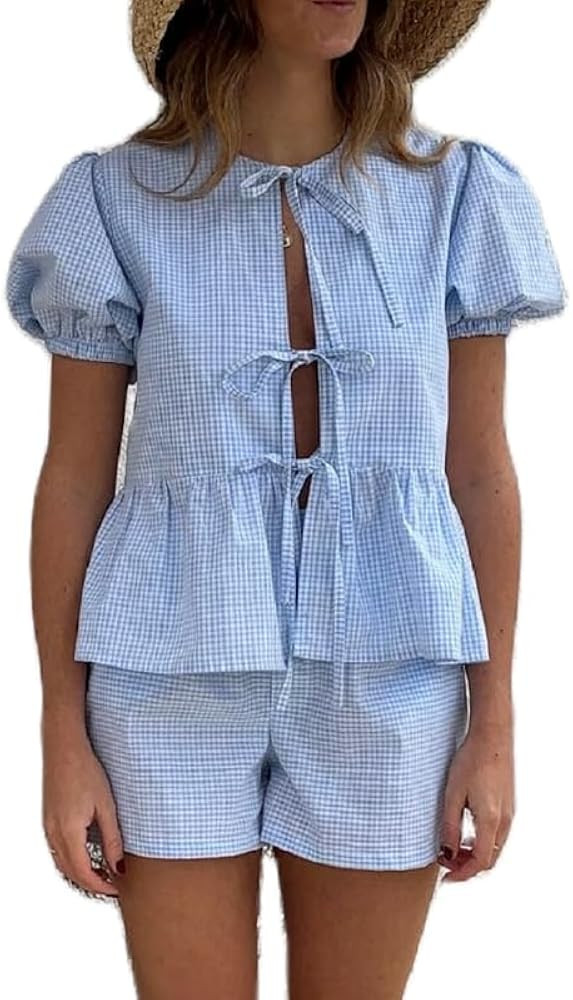 Argeousgor Women Y2k 2 Piece Tie Front Shorts Set Puff Short Sleeve Peplum Shirt with Shorts Paja... | Amazon (US)