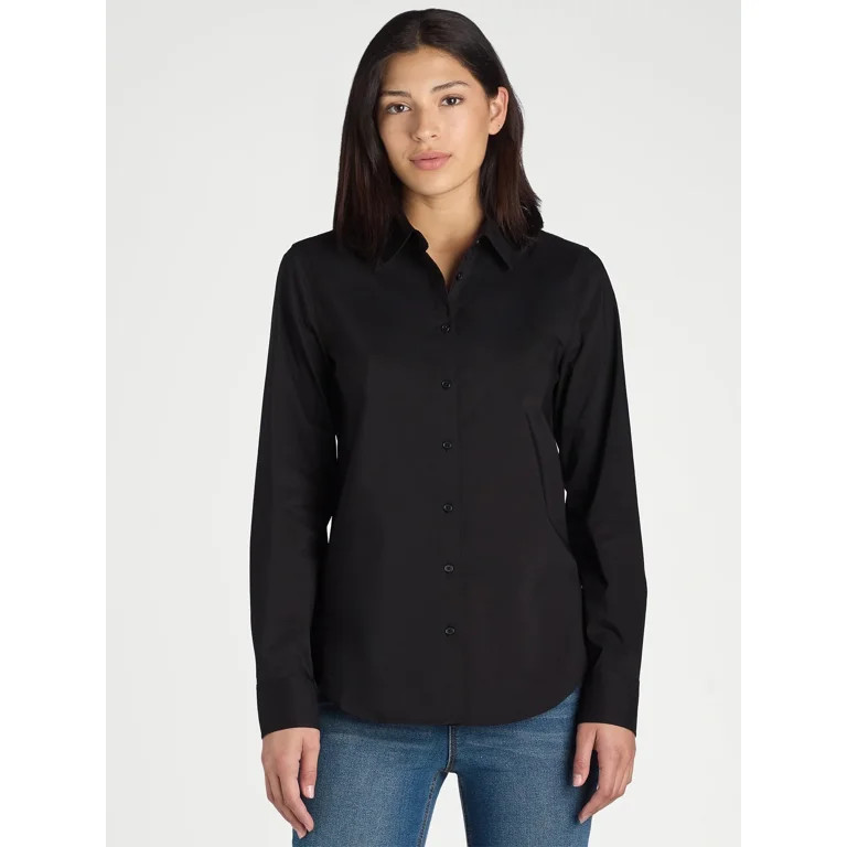 Time and Tru Women's Button Front Shirt with Long Sleeves, Sizes S-XXXL | Walmart (US)