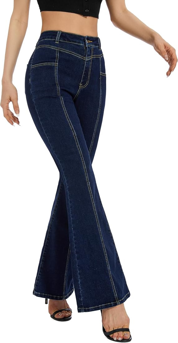 Mid Rise Flare Jeans for Women Split Leg Back Stretchy Curvy Bell Bottom Denim Pants | Amazon (US)