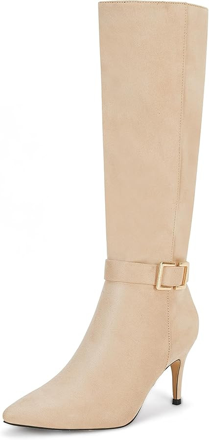 Coutgo Womens Knee High Boots Stiletto Heels Suede Pointed Toe Wide Calf Metal Buckle Side Zipper... | Amazon (US)